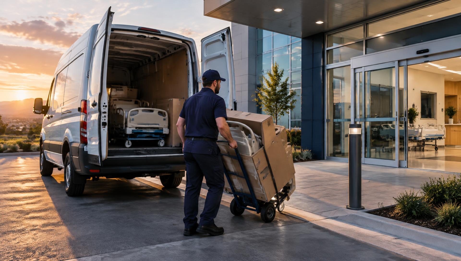 Technician delivering medical equipment to a clinic